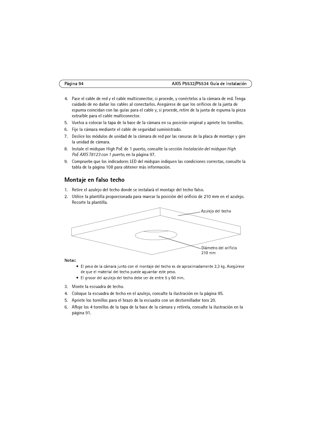 Axis Communications P5532 manual Montaje en falso techo, Azulejo del techo Diámetro del orificio 210 mm, Notas 