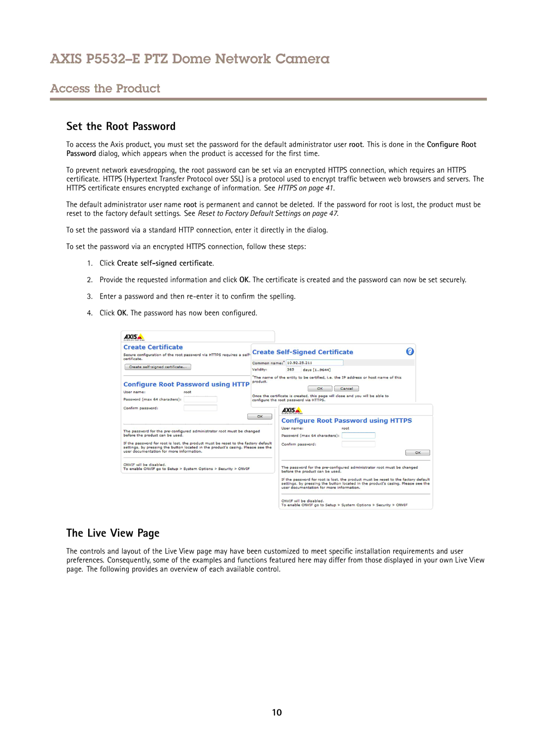 Axis Communications P5532E user manual Set the Root Password, Live View, Click Create self-signed certificate 