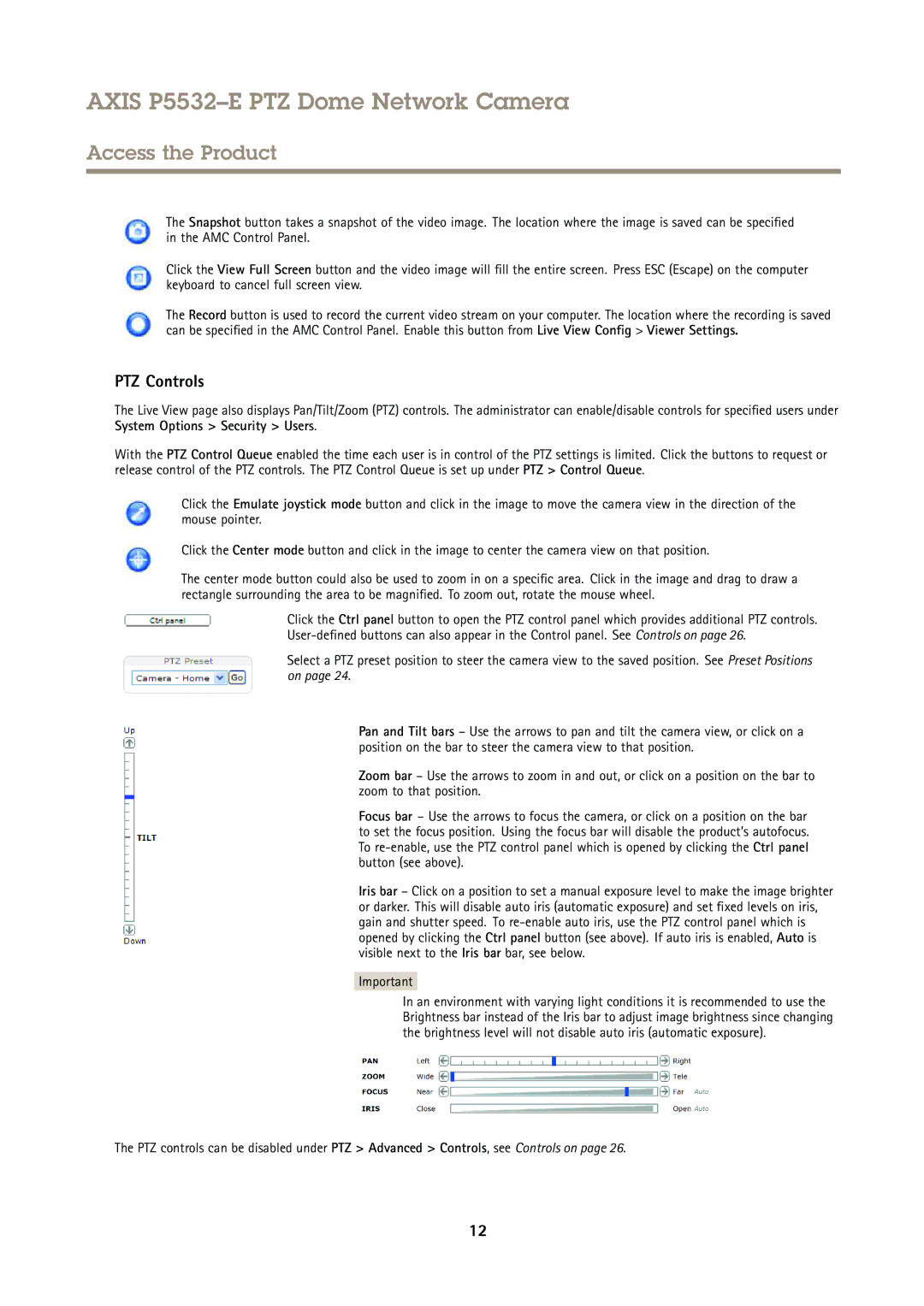 Axis Communications P5532E user manual PTZ Controls 