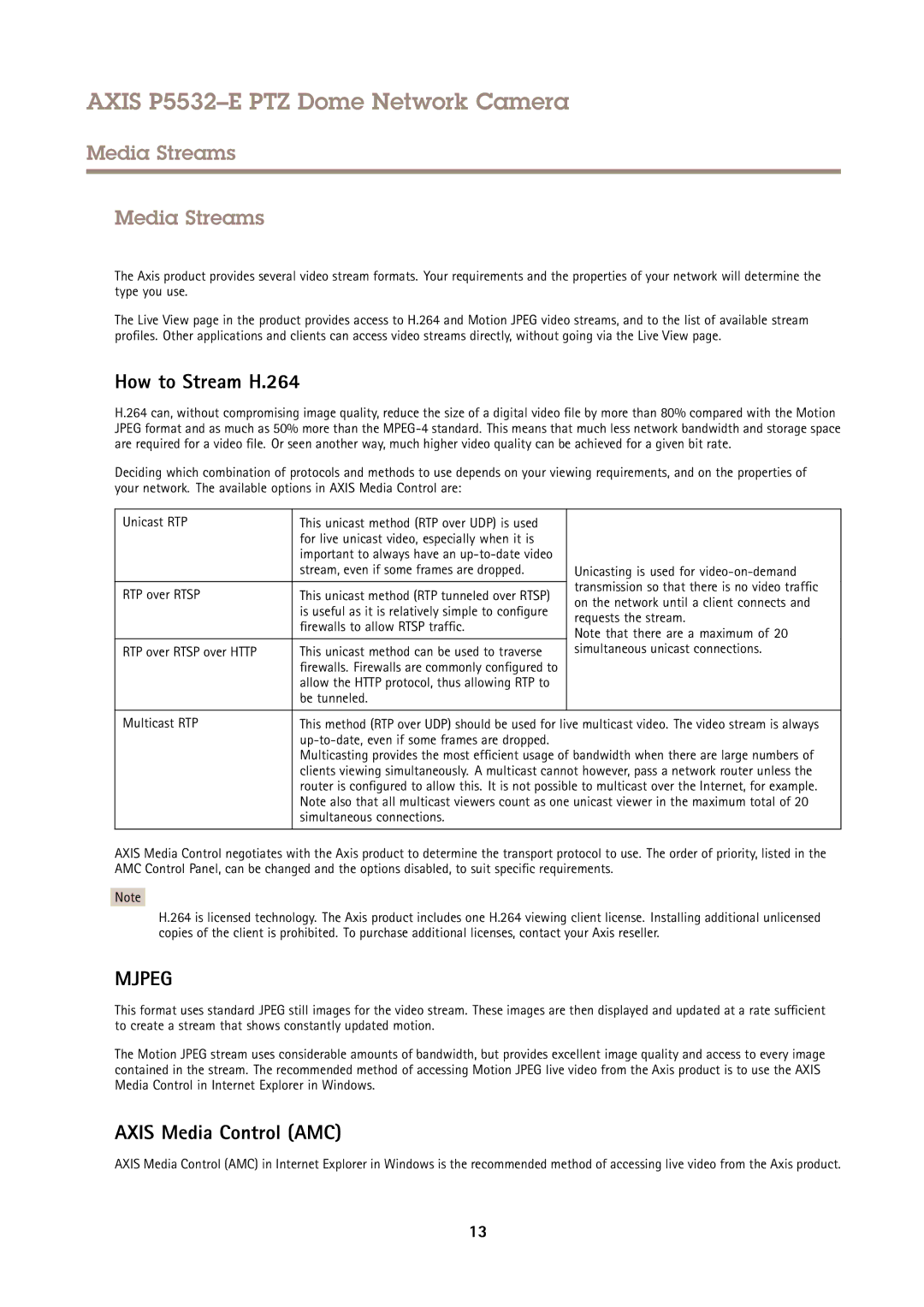 Axis Communications P5532E user manual Media Streams, How to Stream H.264, Axis Media Control AMC 