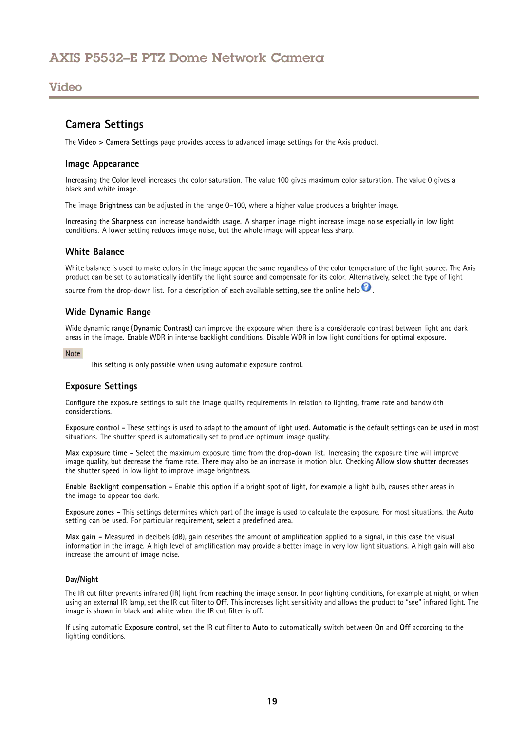 Axis Communications P5532E Camera Settings, Image Appearance, White Balance, Wide Dynamic Range, Exposure Settings 