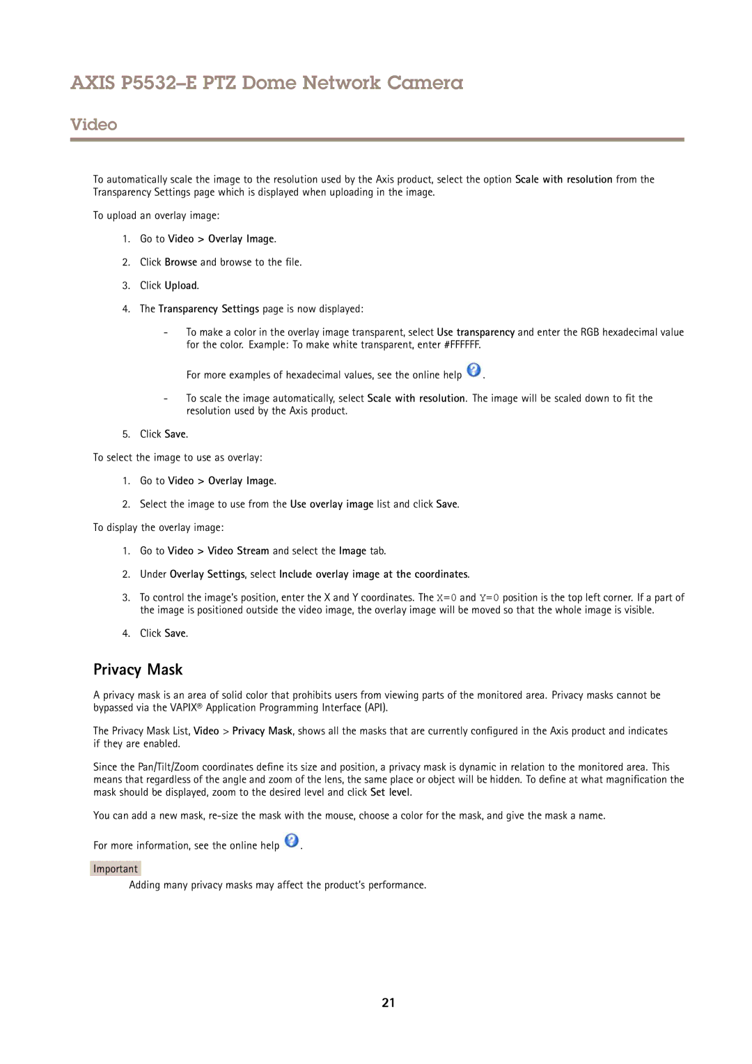 Axis Communications P5532E user manual Privacy Mask, Go to Video Overlay Image 