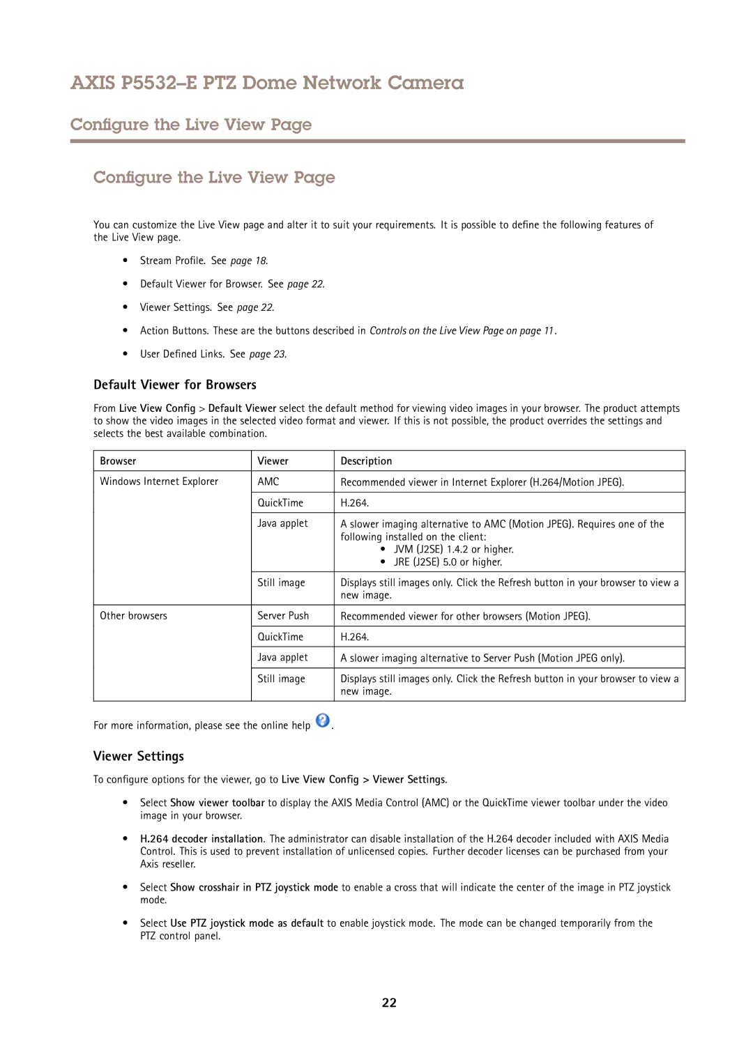 Axis Communications P5532E user manual Configure the Live View, Default Viewer for Browsers, Viewer Settings 