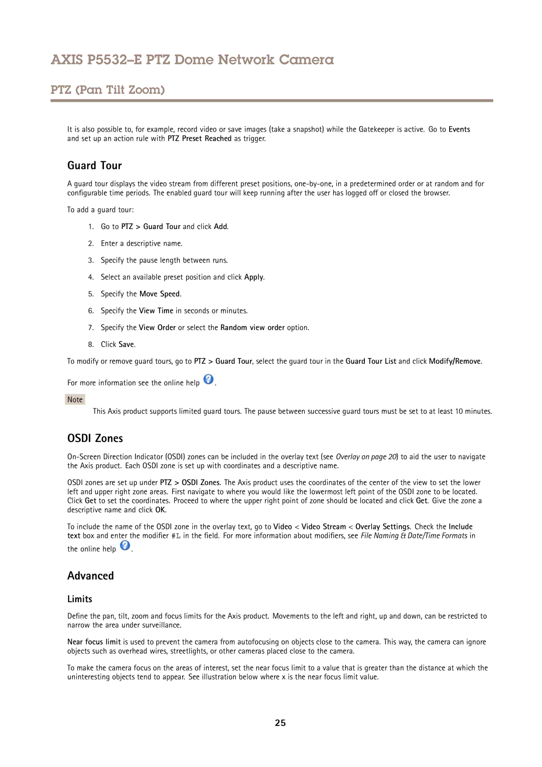 Axis Communications P5532E user manual Osdi Zones, Advanced, Limits, Go to PTZ Guard Tour and click Add 