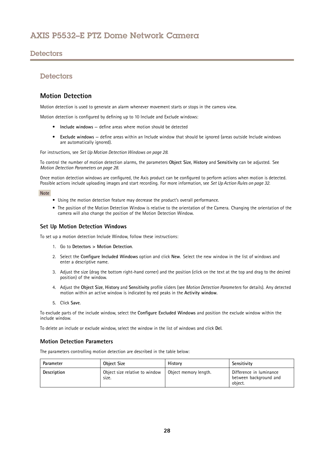 Axis Communications P5532E user manual Detectors, Set Up Motion Detection Windows, Motion Detection Parameters 