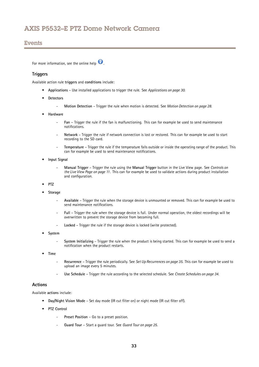 Axis Communications P5532E user manual Triggers, Actions 