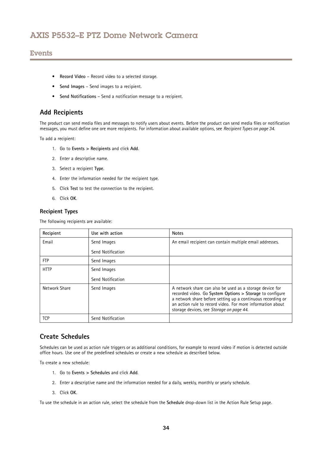 Axis Communications P5532E user manual Add Recipients, Create Schedules, Recipient Types 