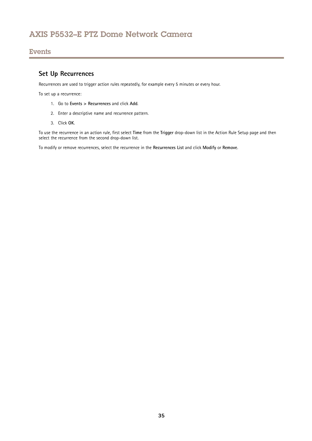 Axis Communications P5532E user manual Set Up Recurrences, Go to Events Recurrences and click Add 