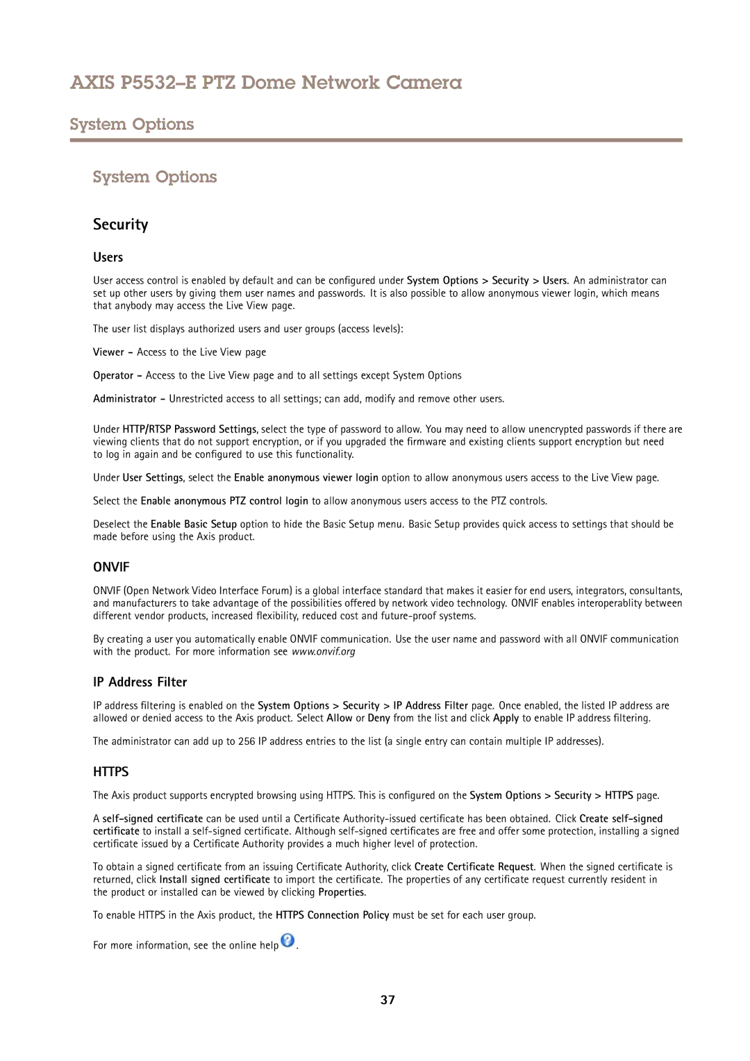 Axis Communications P5532E user manual System Options, Security, Users, IP Address Filter 