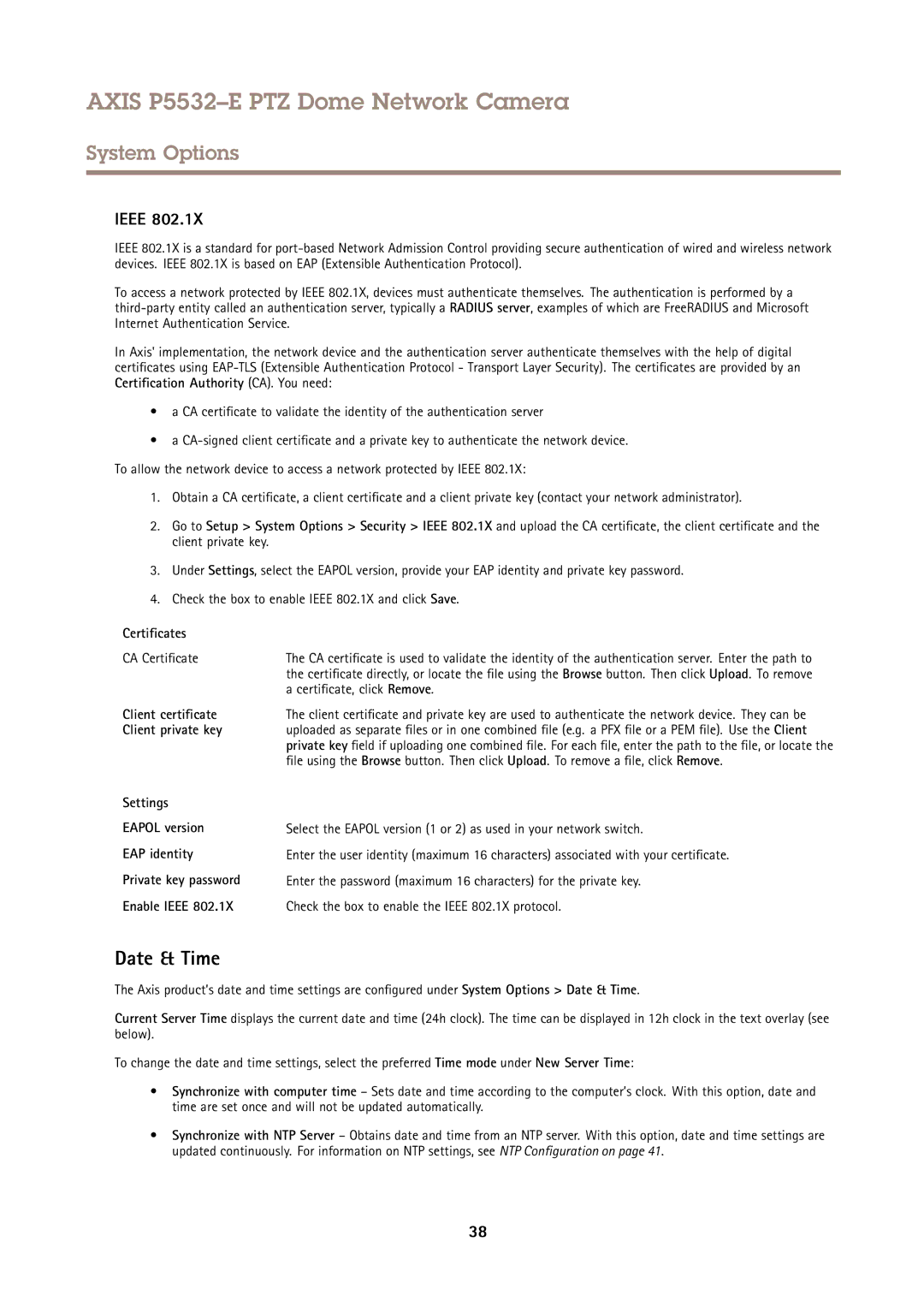 Axis Communications P5532E user manual Date & Time, Ieee, Certificates, CA Certificate 