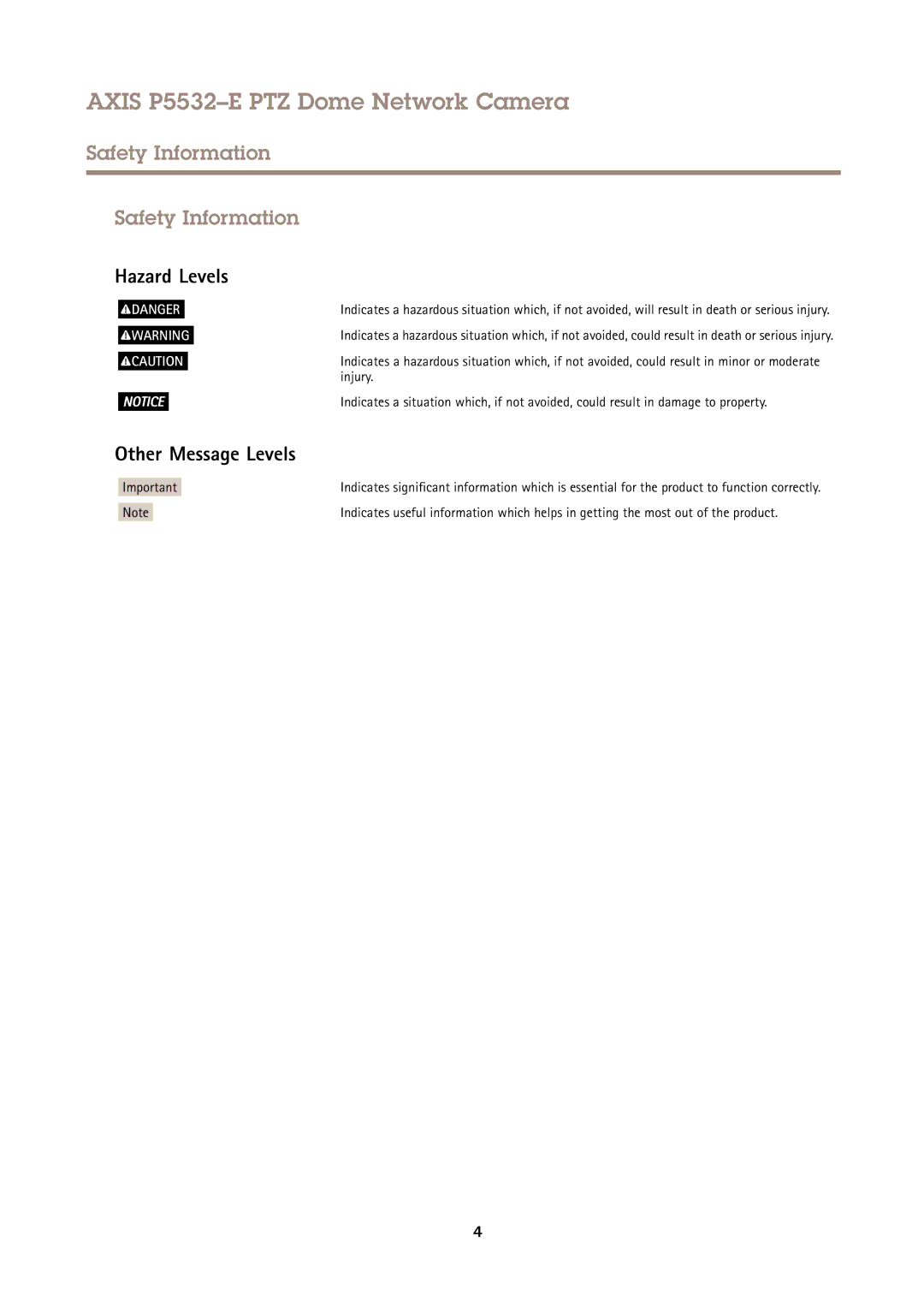 Axis Communications P5532E user manual Safety Information, Hazard Levels, Other Message Levels 