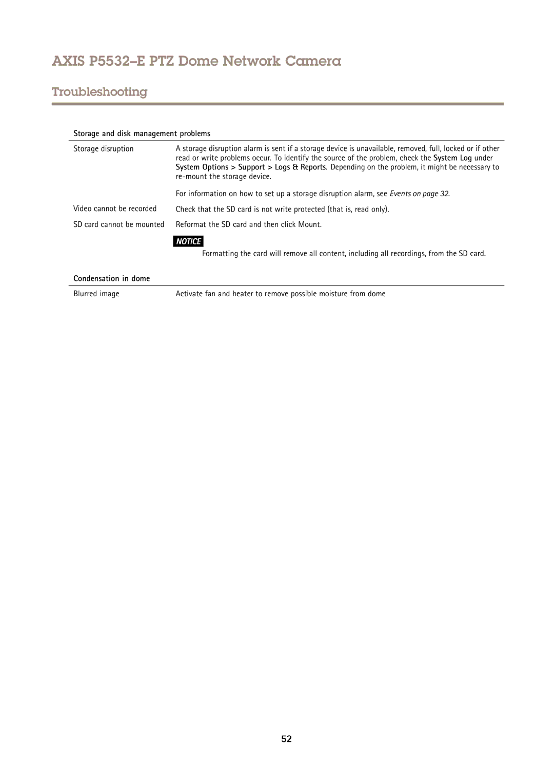 Axis Communications P5532E user manual Storage and disk management problems, Condensation in dome 