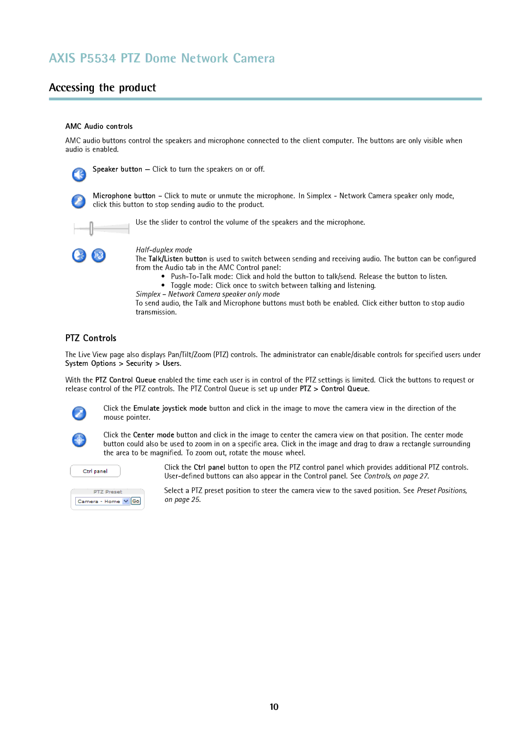 Axis Communications P5534 user manual PTZ Controls, AMC Audio controls 