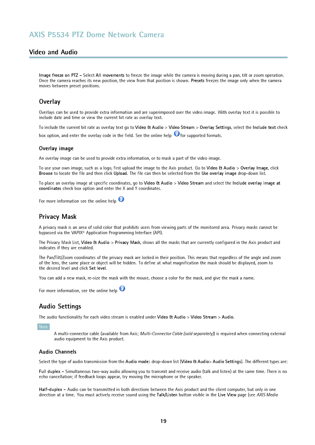 Axis Communications P5534 user manual Privacy Mask, Audio Settings, Overlay image, Audio Channels 