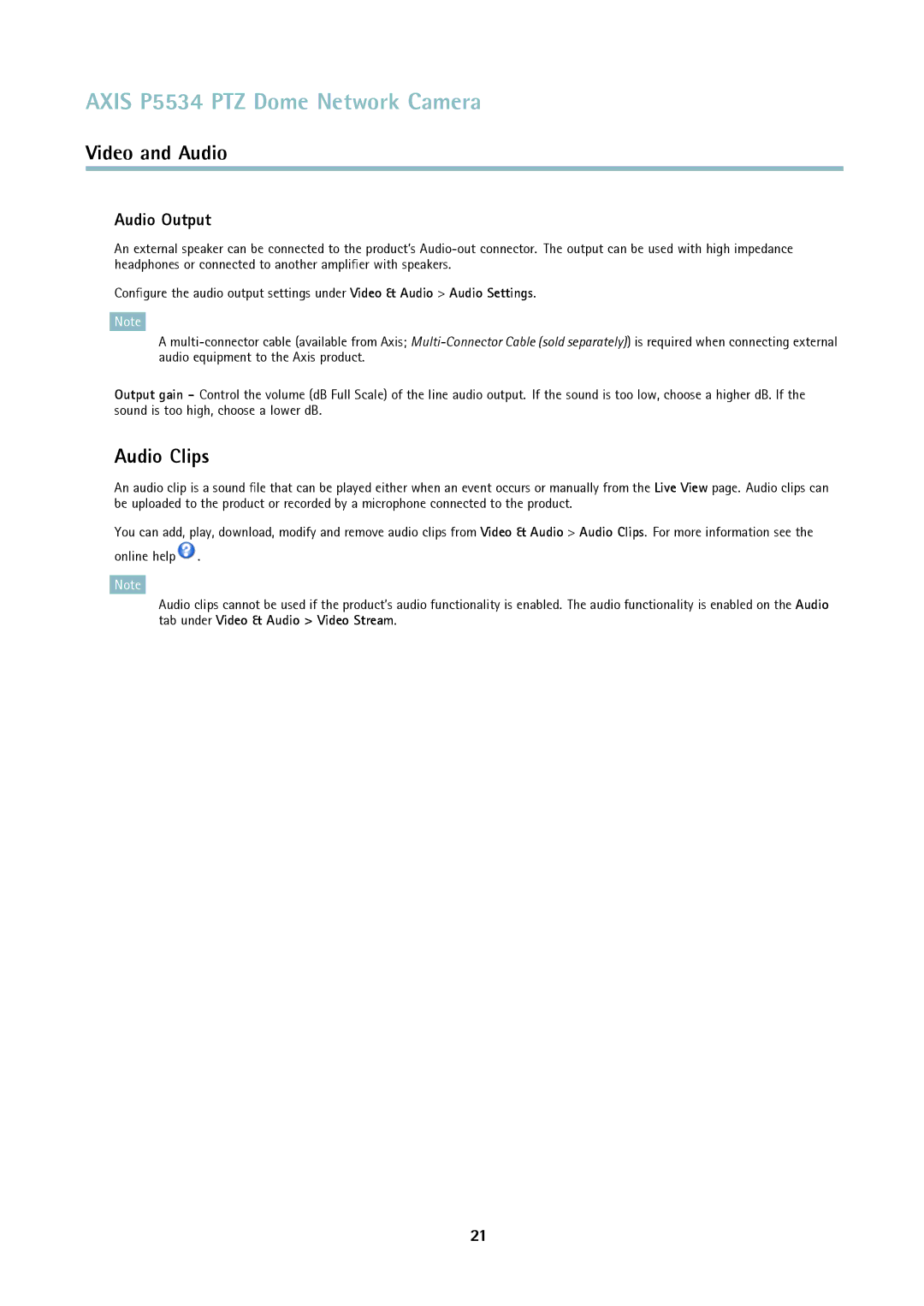 Axis Communications P5534 user manual Audio Clips, Audio Output 