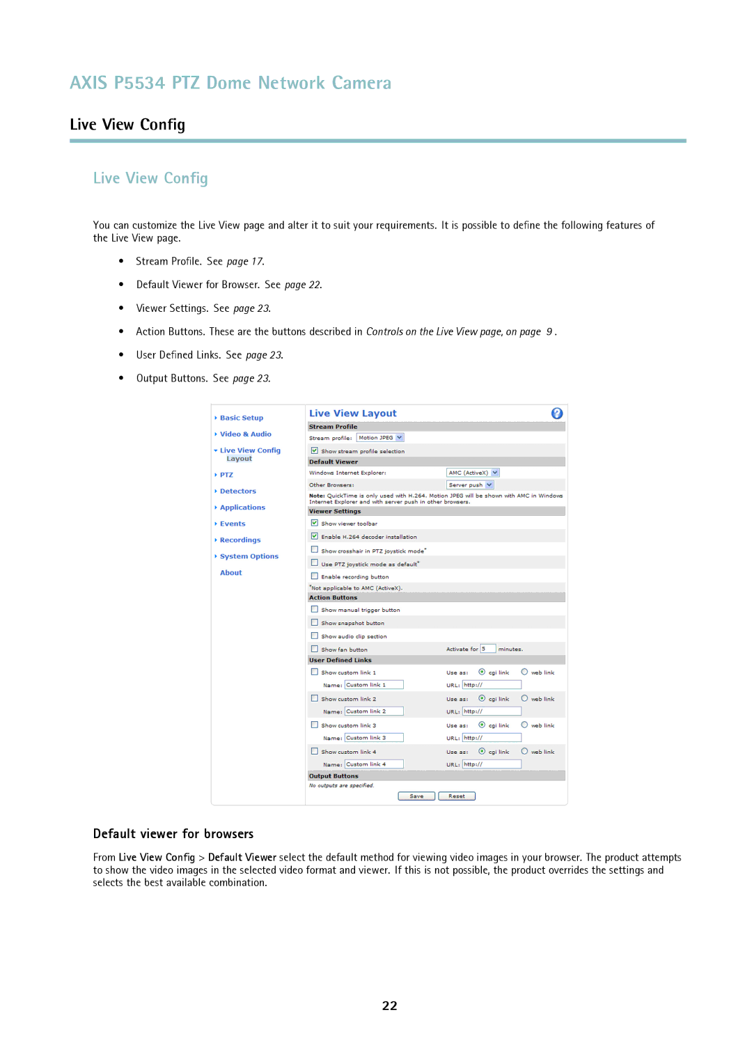 Axis Communications P5534 user manual Live View Conﬁg, Default viewer for browsers 