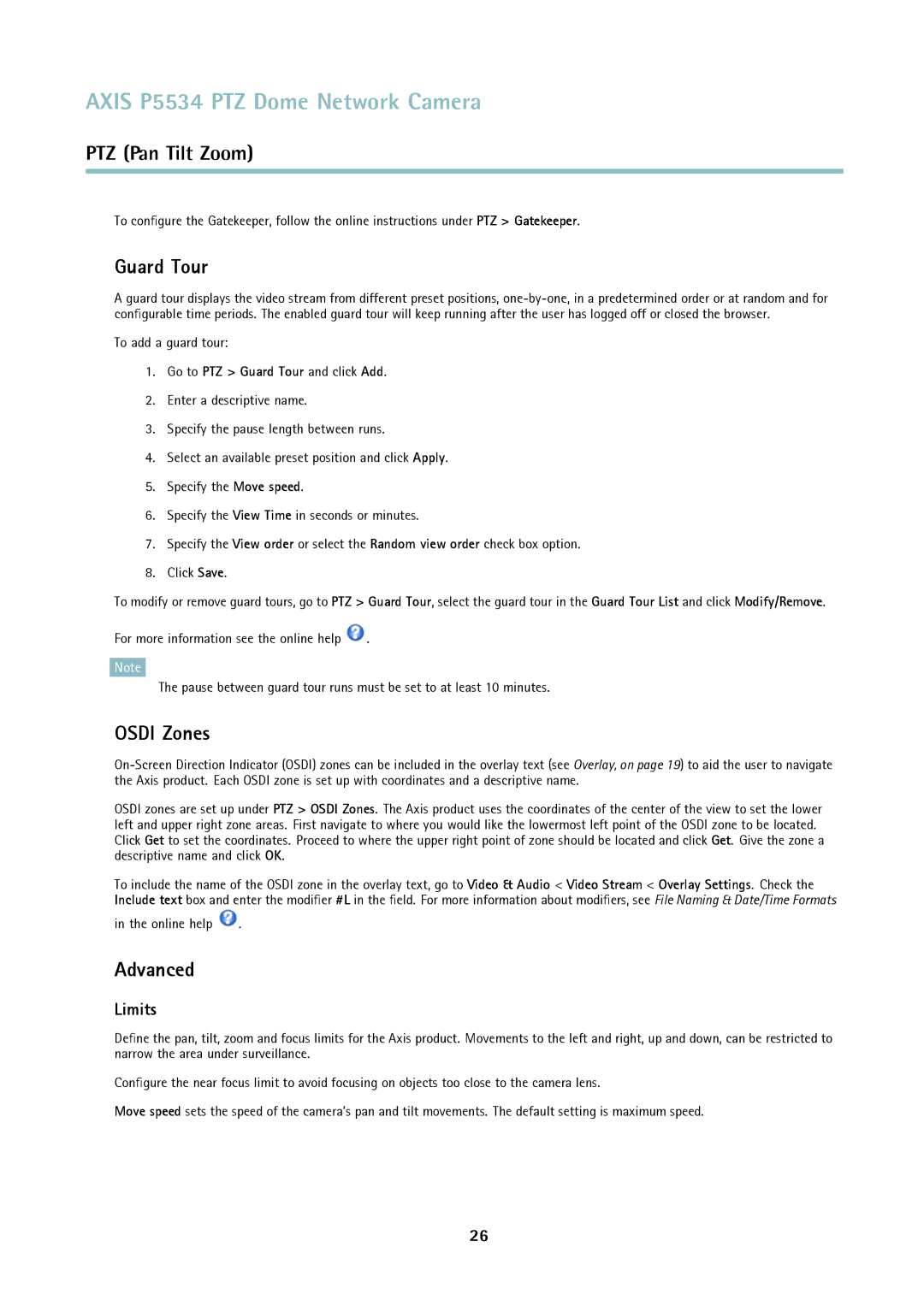 Axis Communications P5534 user manual Osdi Zones, Advanced, Limits, Go to PTZ Guard Tour and click Add 