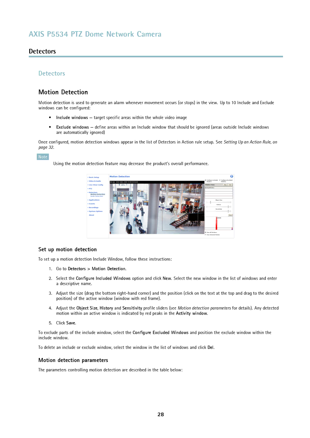 Axis Communications P5534 user manual Detectors, Motion Detection, Set up motion detection, Motion detection parameters 