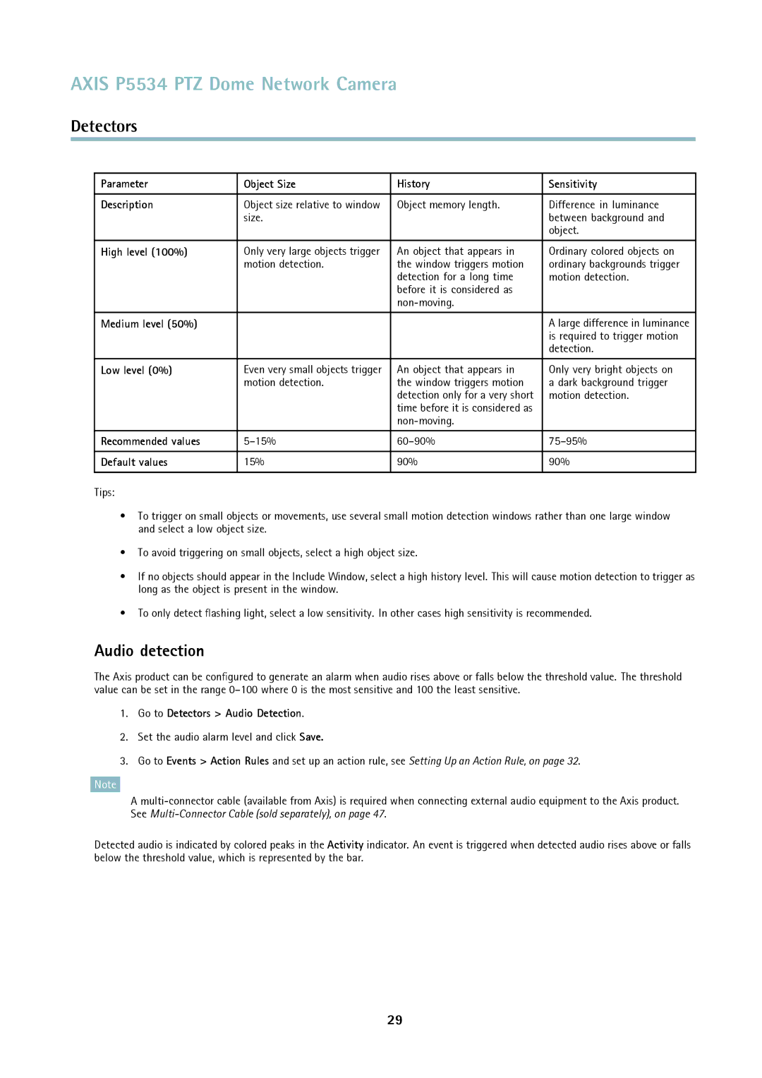 Axis Communications P5534 user manual Audio detection 