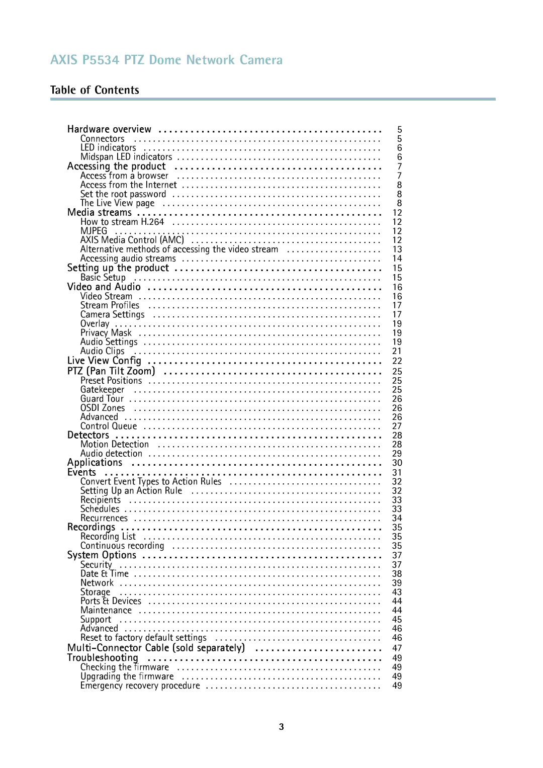 Axis Communications user manual Axis P5534 PTZ Dome Network Camera, Table of Contents 