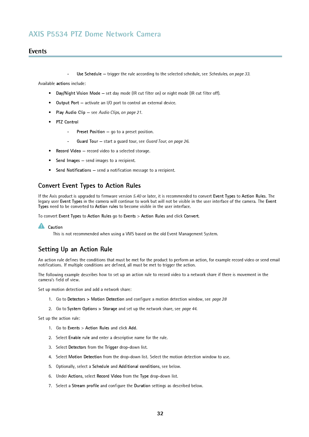 Axis Communications P5534 user manual Convert Event Types to Action Rules, Setting Up an Action Rule, PTZ Control 