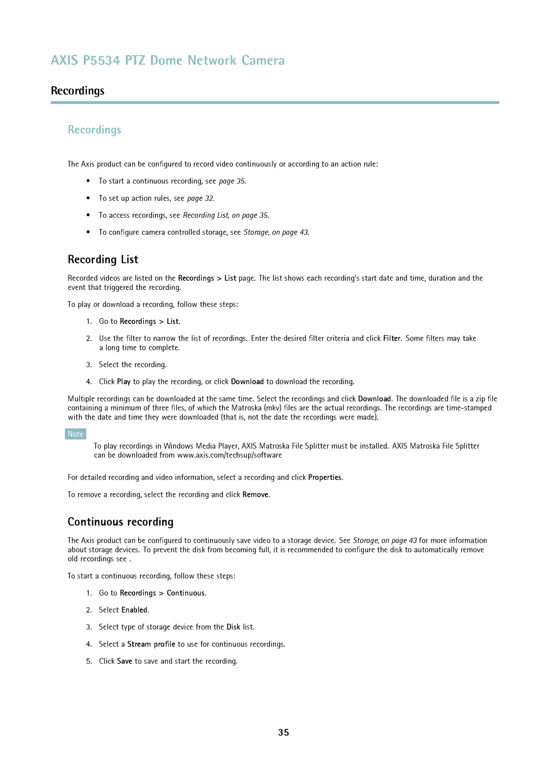 Axis Communications P5534 user manual Recordings, Recording List, Continuous recording 