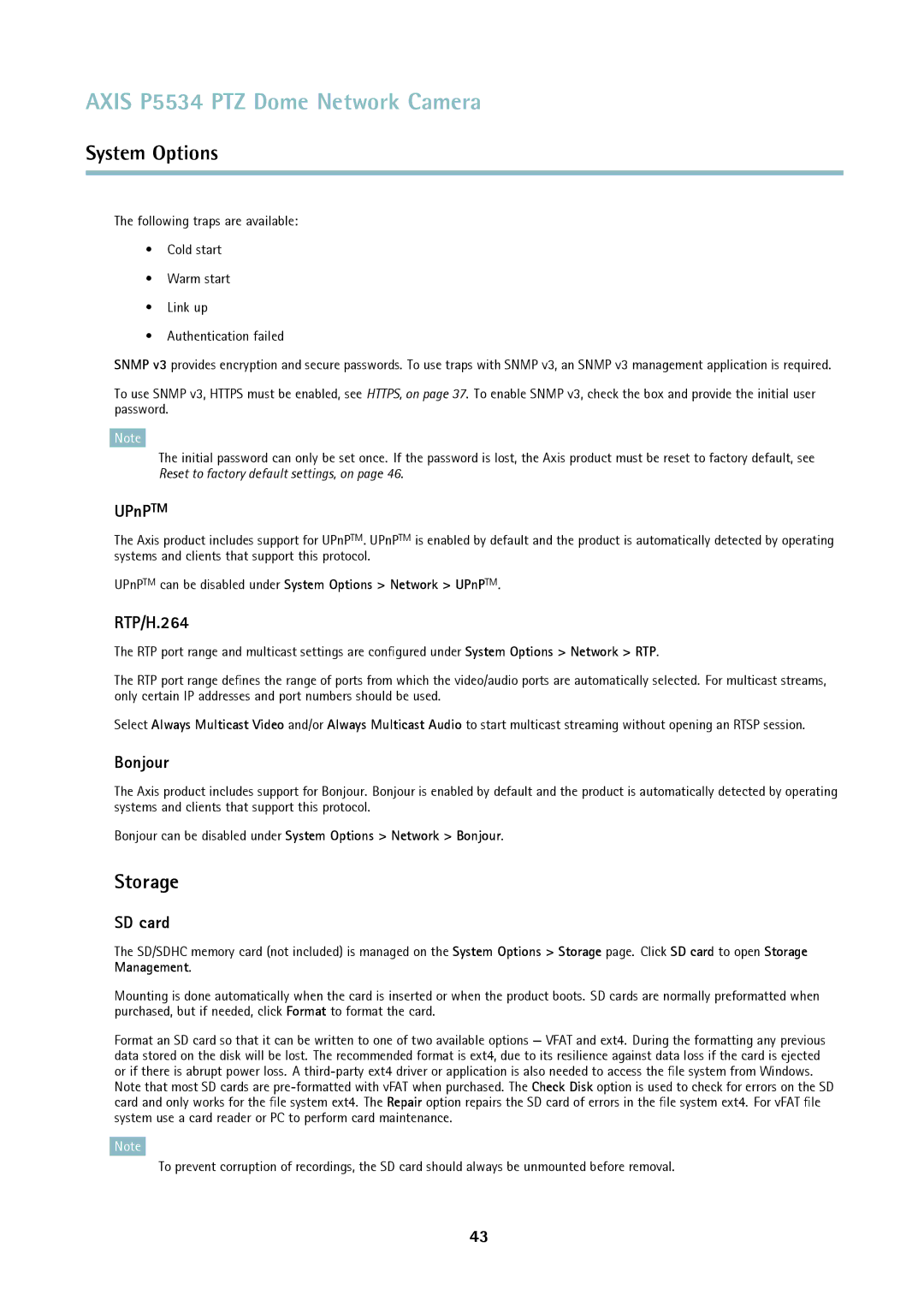 Axis Communications P5534 user manual Storage, UPnPTM, RTP/H.264, Bonjour, SD card 