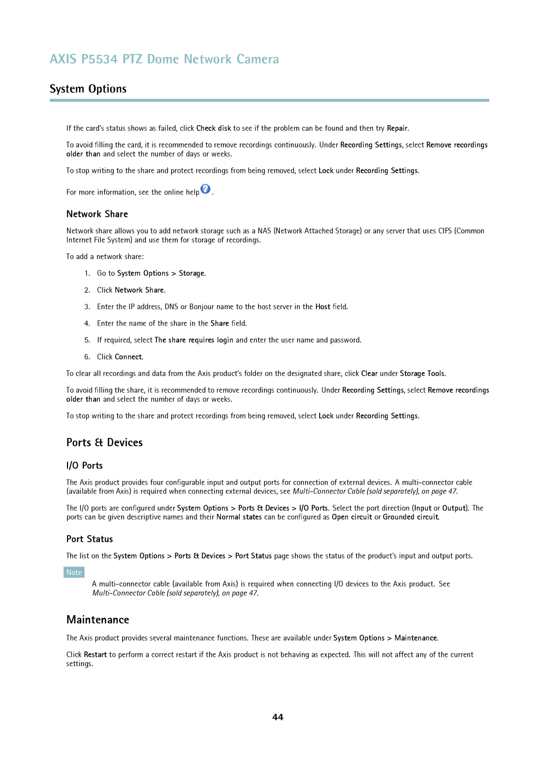 Axis Communications P5534 user manual Ports & Devices, Maintenance, Network Share, Port Status 