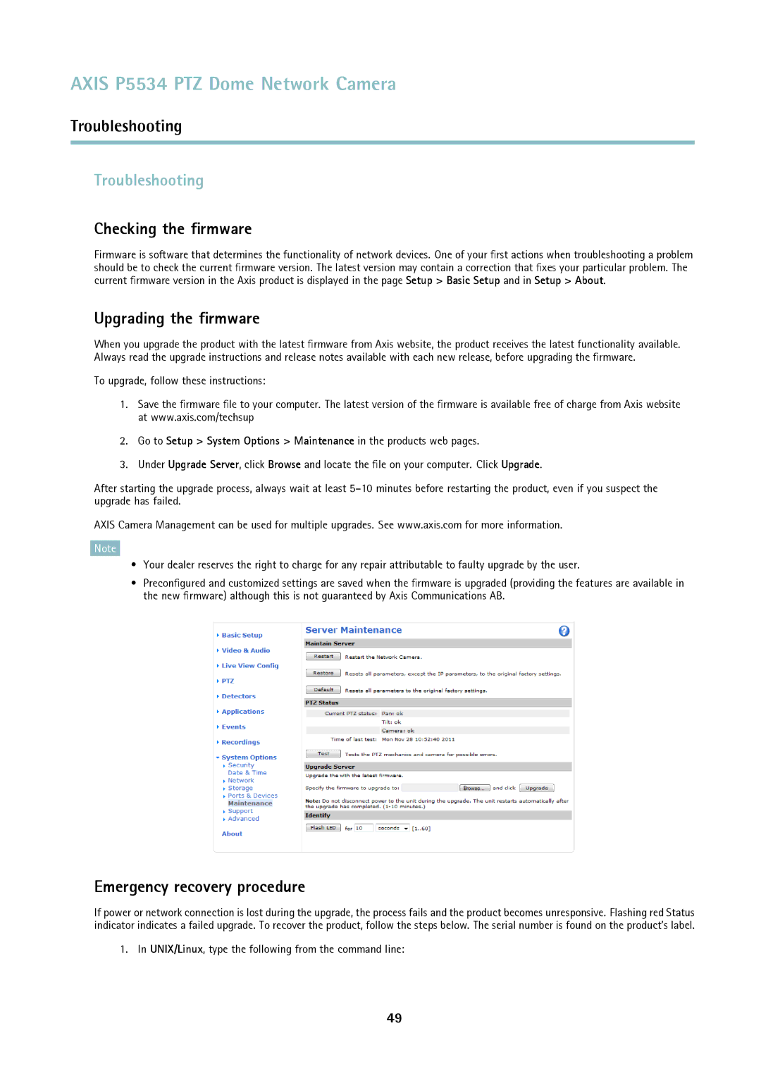 Axis Communications P5534 Troubleshooting, Checking the ﬁrmware, Upgrading the ﬁrmware, Emergency recovery procedure 