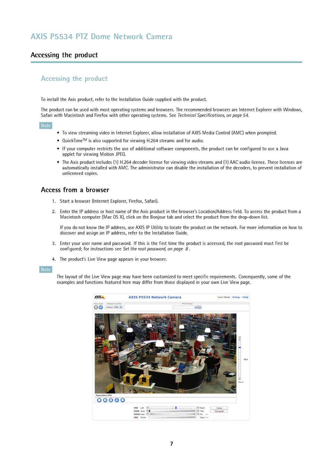 Axis Communications P5534 Accessing the product, Access from a browser, Start a browser Internet Explorer, Firefox, Safari 