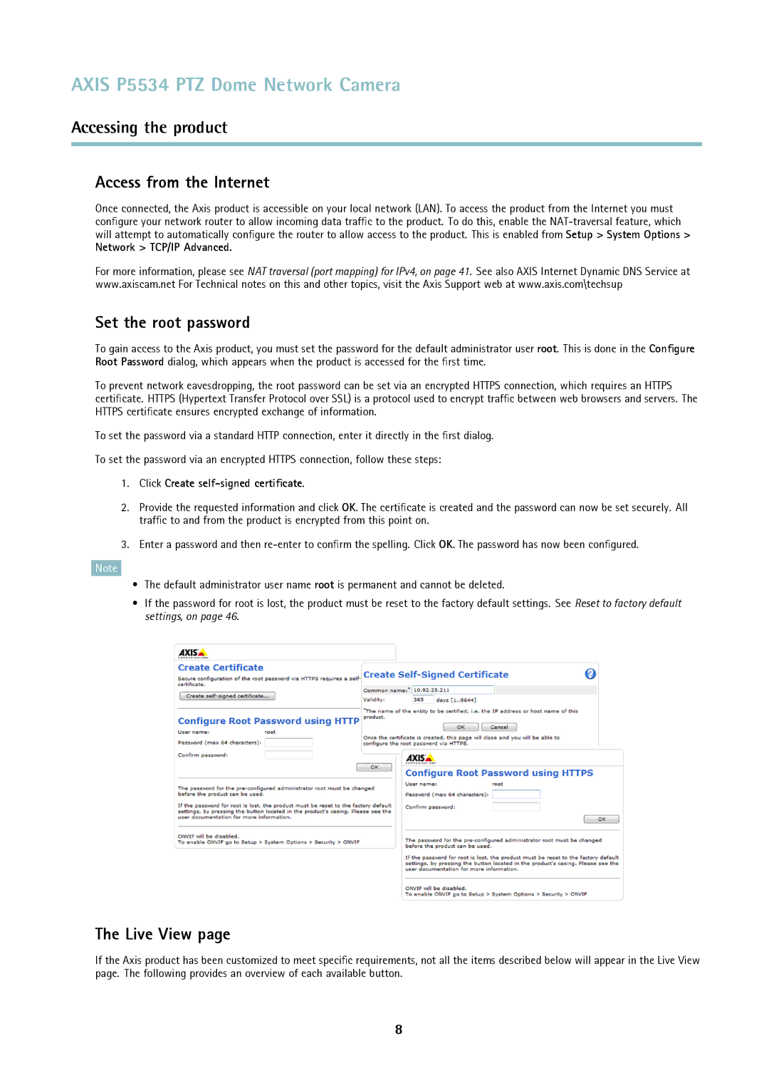 Axis Communications P5534 user manual Access from the Internet, Set the root password, Live View, Network TCP/IP Advanced 