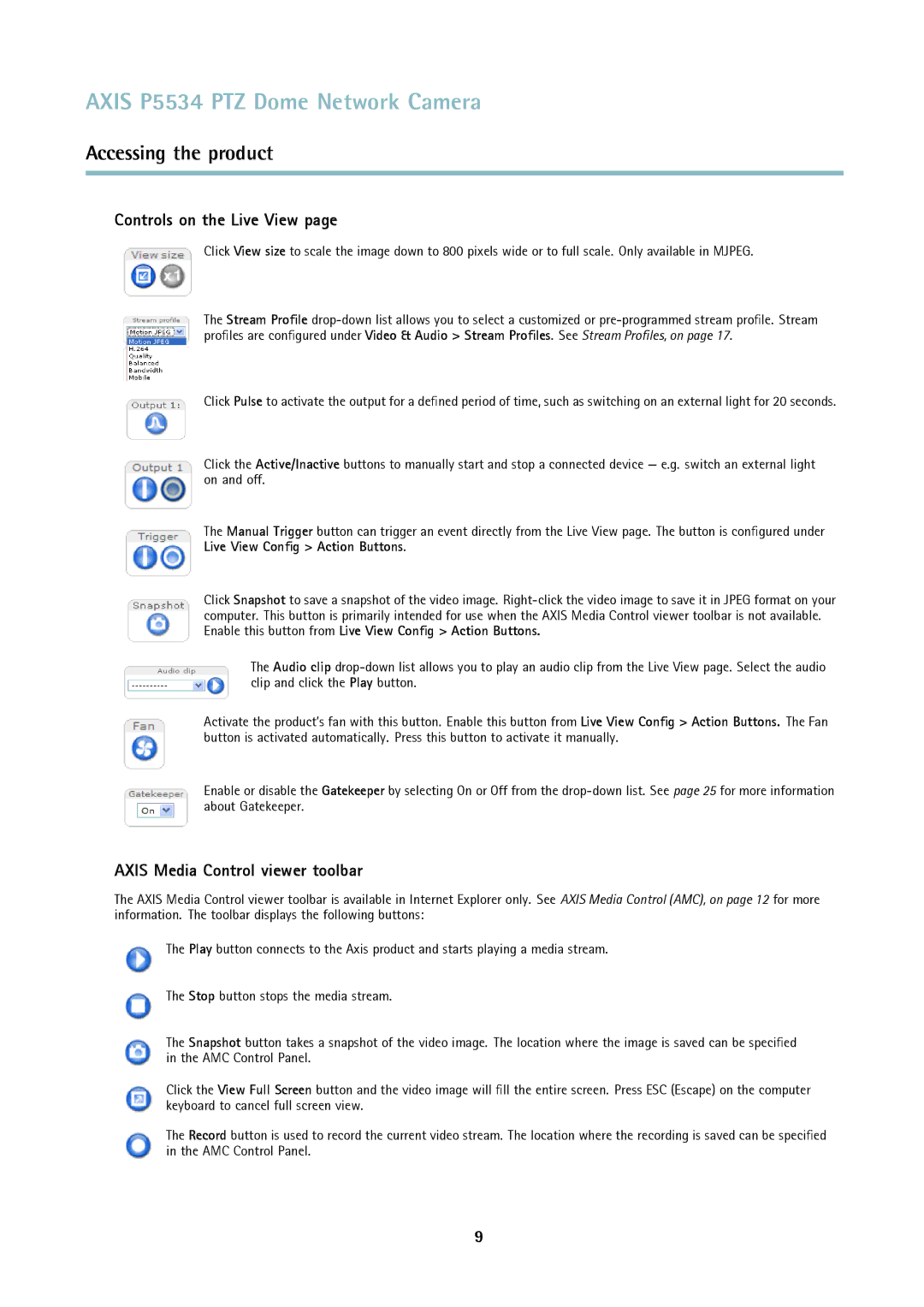 Axis Communications P5534 user manual Controls on the Live View, Axis Media Control viewer toolbar 