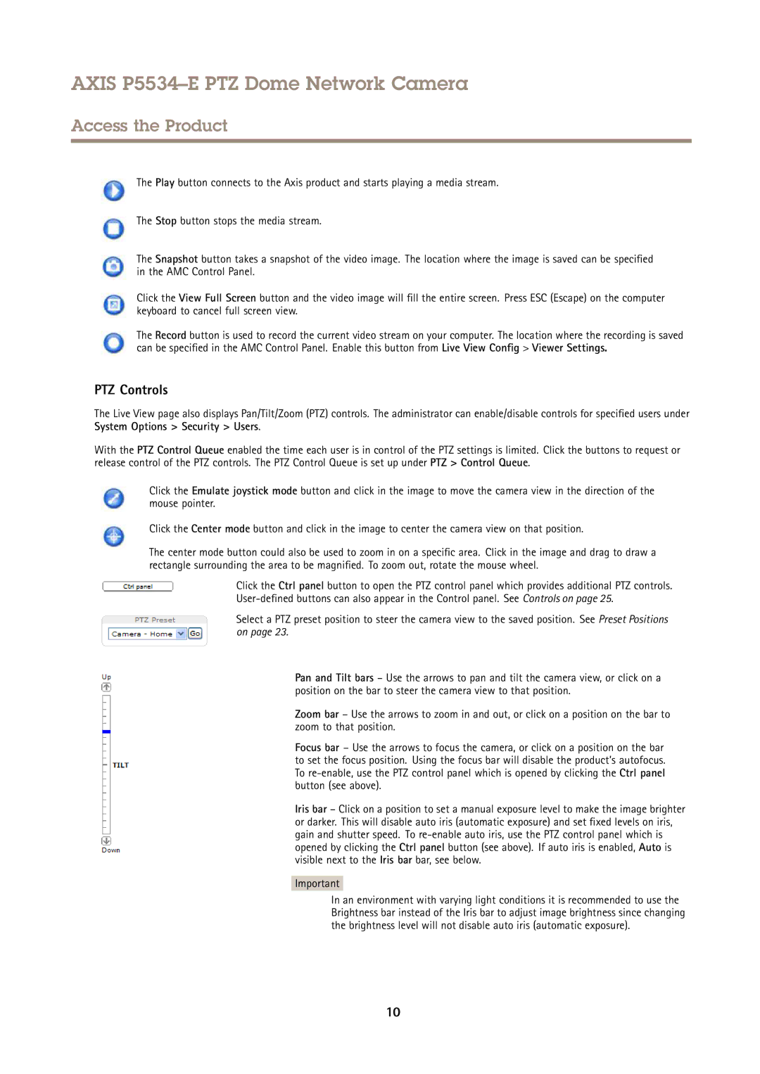 Axis Communications P5534E user manual PTZ Controls 