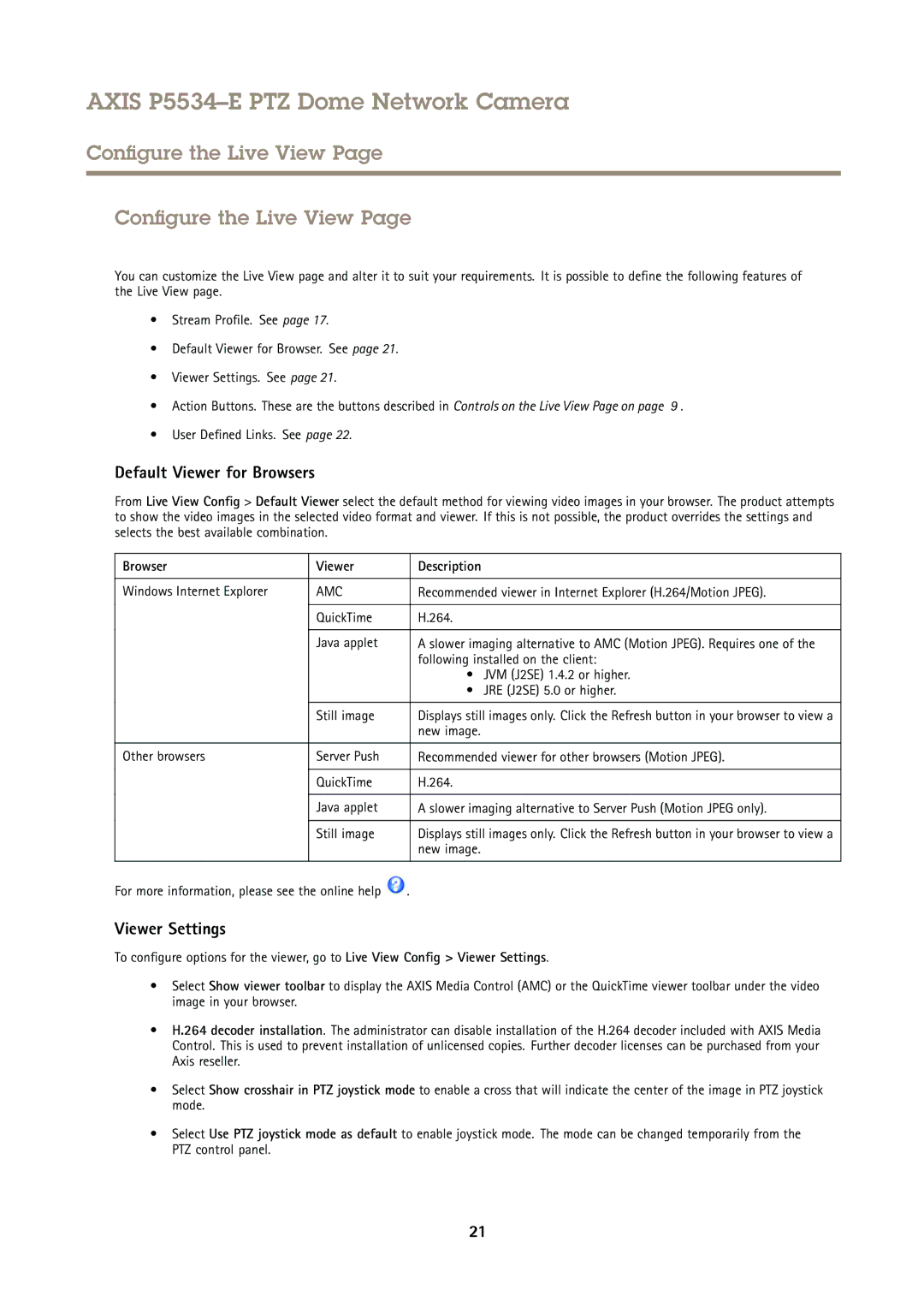 Axis Communications P5534E user manual Configure the Live View, Default Viewer for Browsers, Viewer Settings 