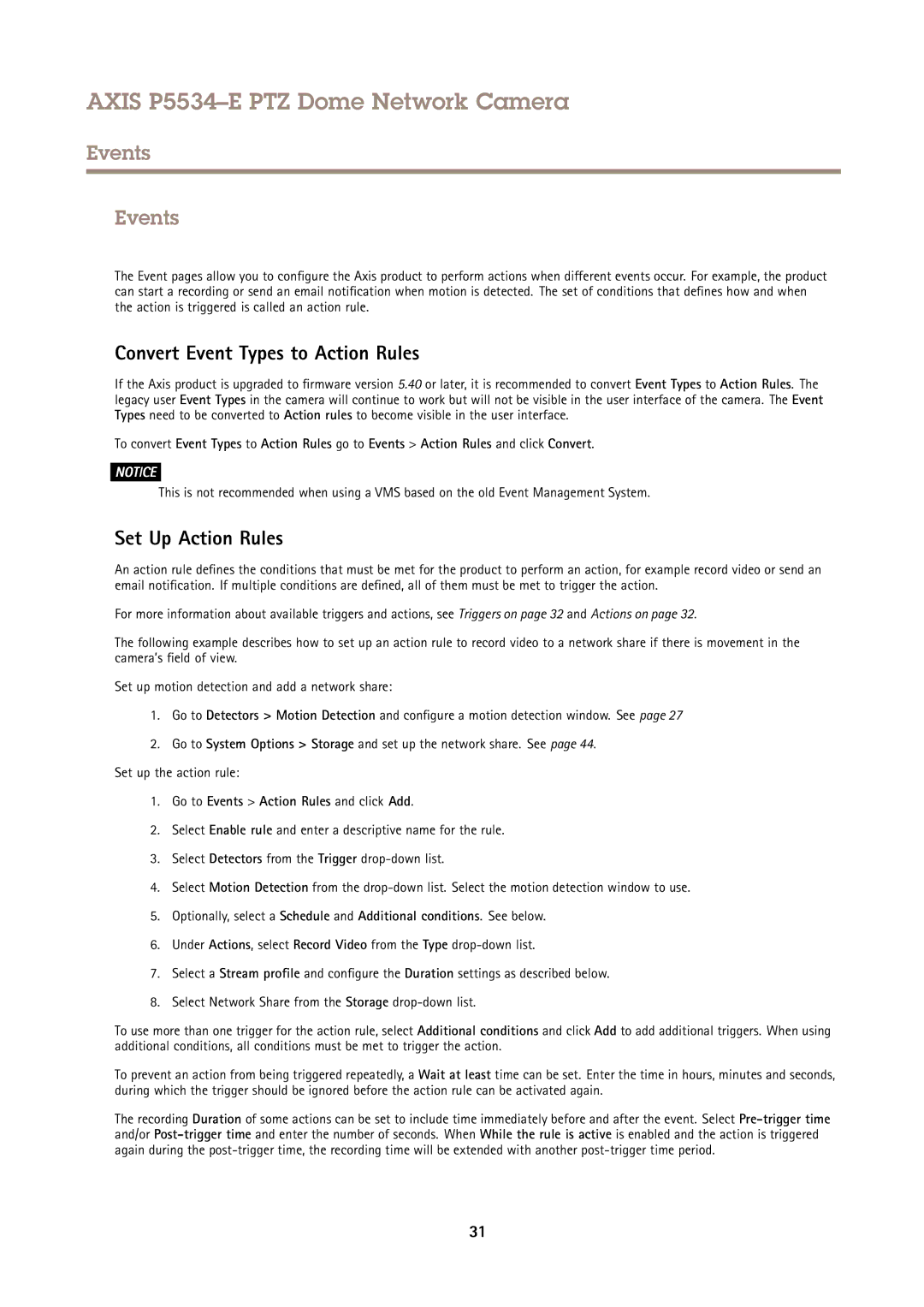 Axis Communications P5534E user manual Events, Convert Event Types to Action Rules, Set Up Action Rules 