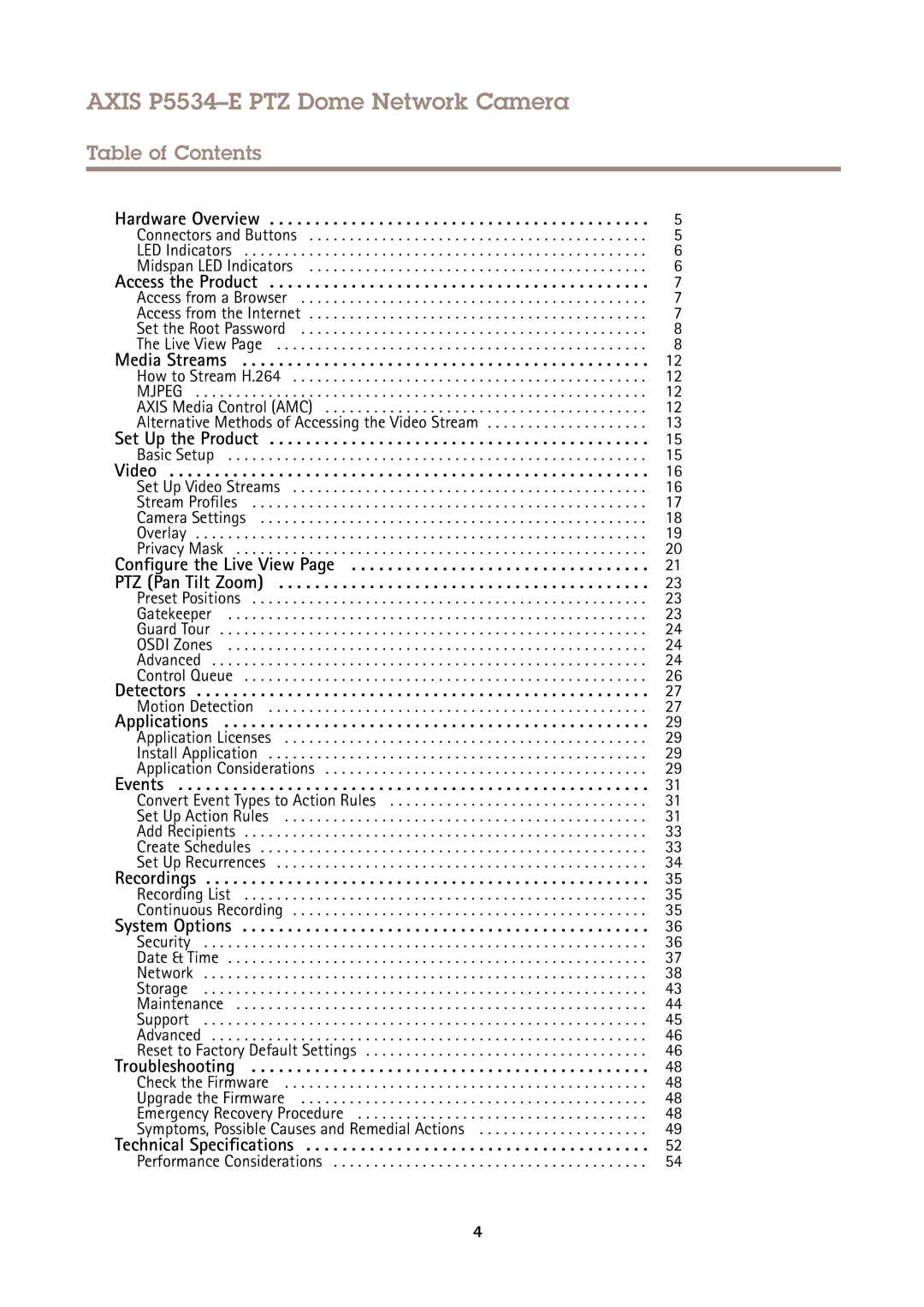 Axis Communications P5534E user manual Axis P5534-E PTZ Dome Network Camera, Table of Contents 