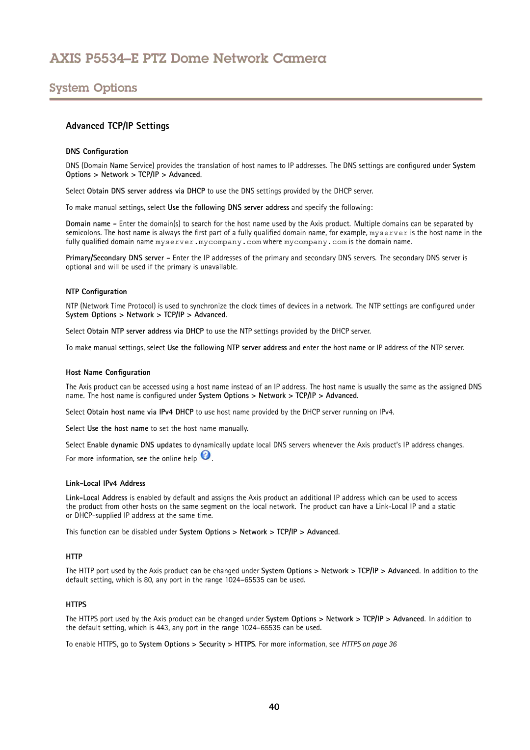 Axis Communications P5534E Advanced TCP/IP Settings, DNS Configuration, NTP Configuration, Host Name Configuration 