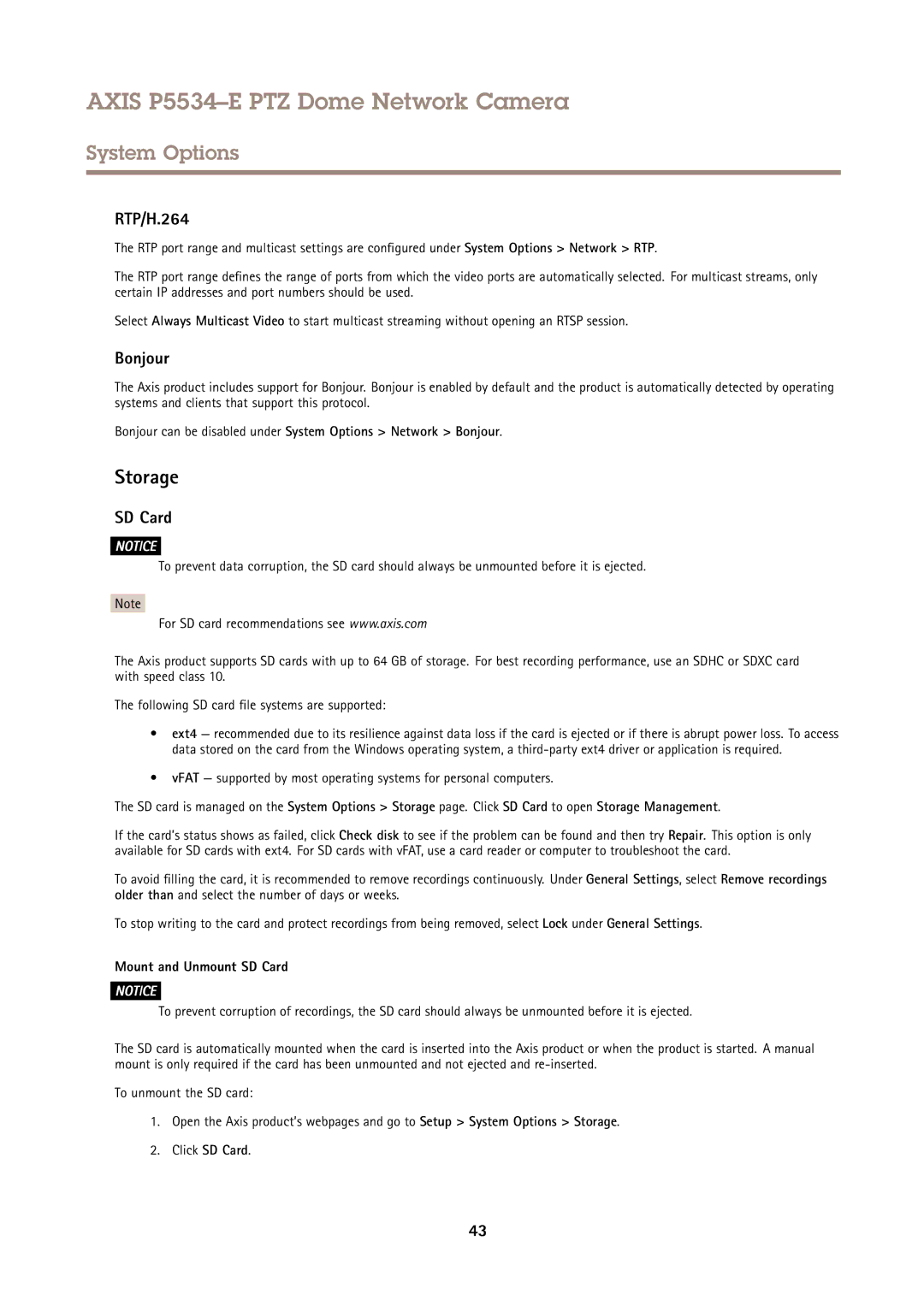 Axis Communications P5534E user manual Storage, RTP/H.264, Bonjour, Mount and Unmount SD Card 