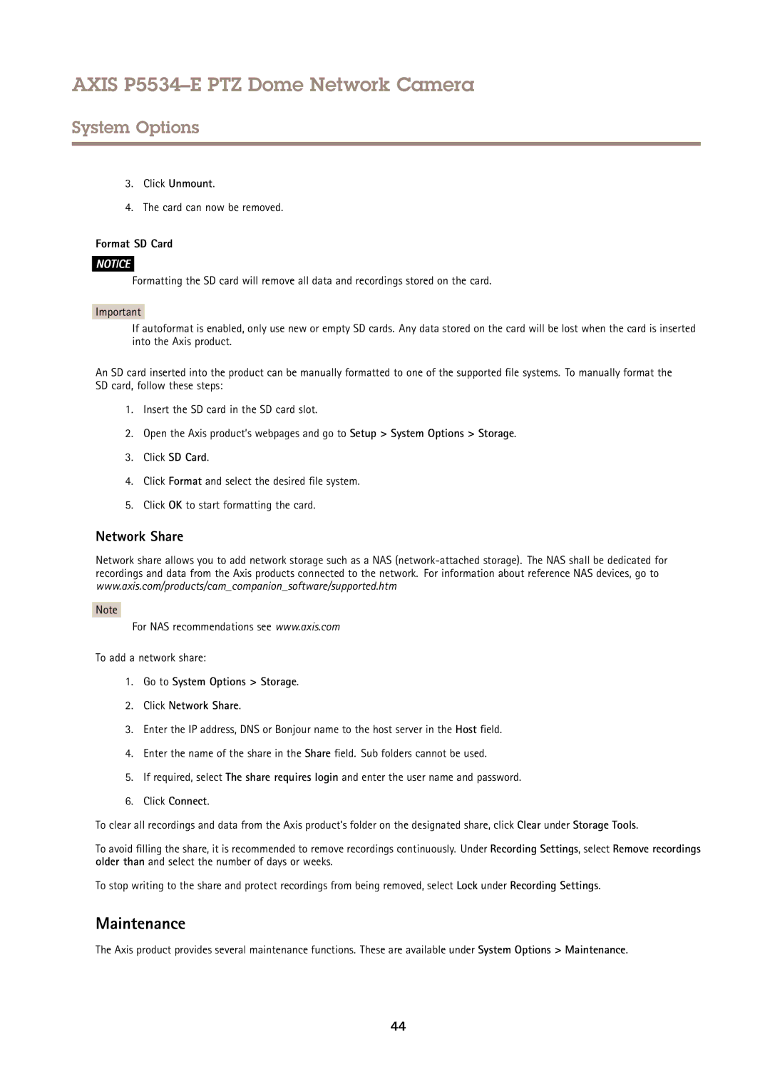 Axis Communications P5534E user manual Maintenance, Format SD Card, Go to System Options Storage Click Network Share 