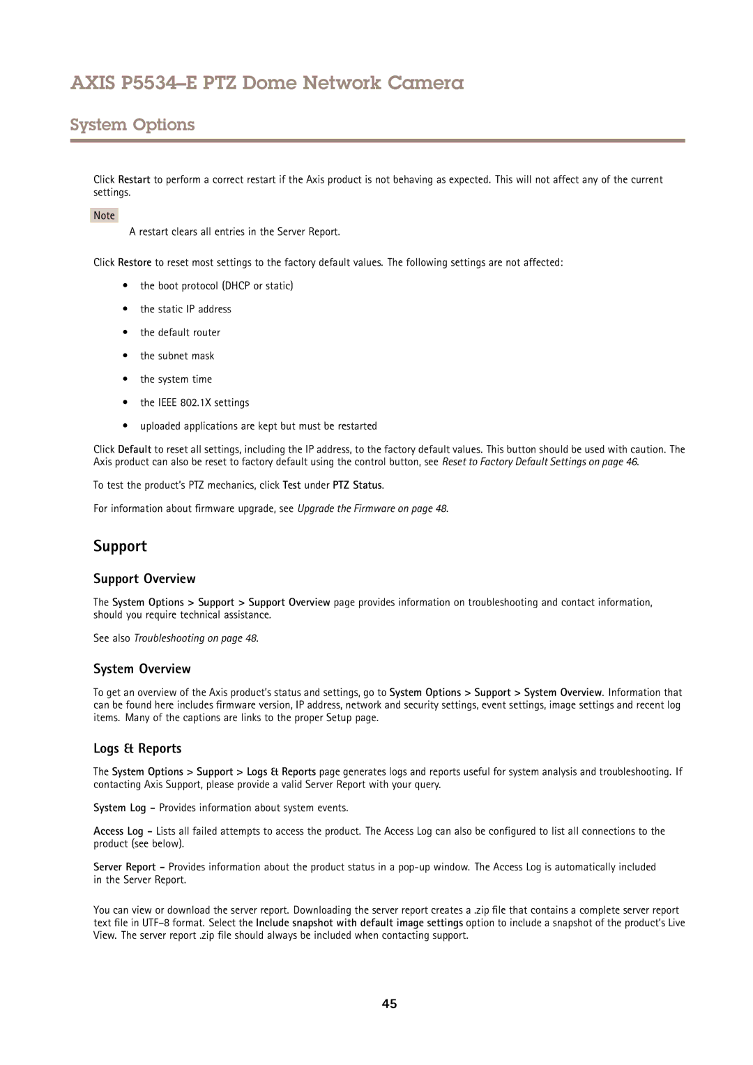 Axis Communications P5534E user manual Support Overview, System Overview, Logs & Reports 