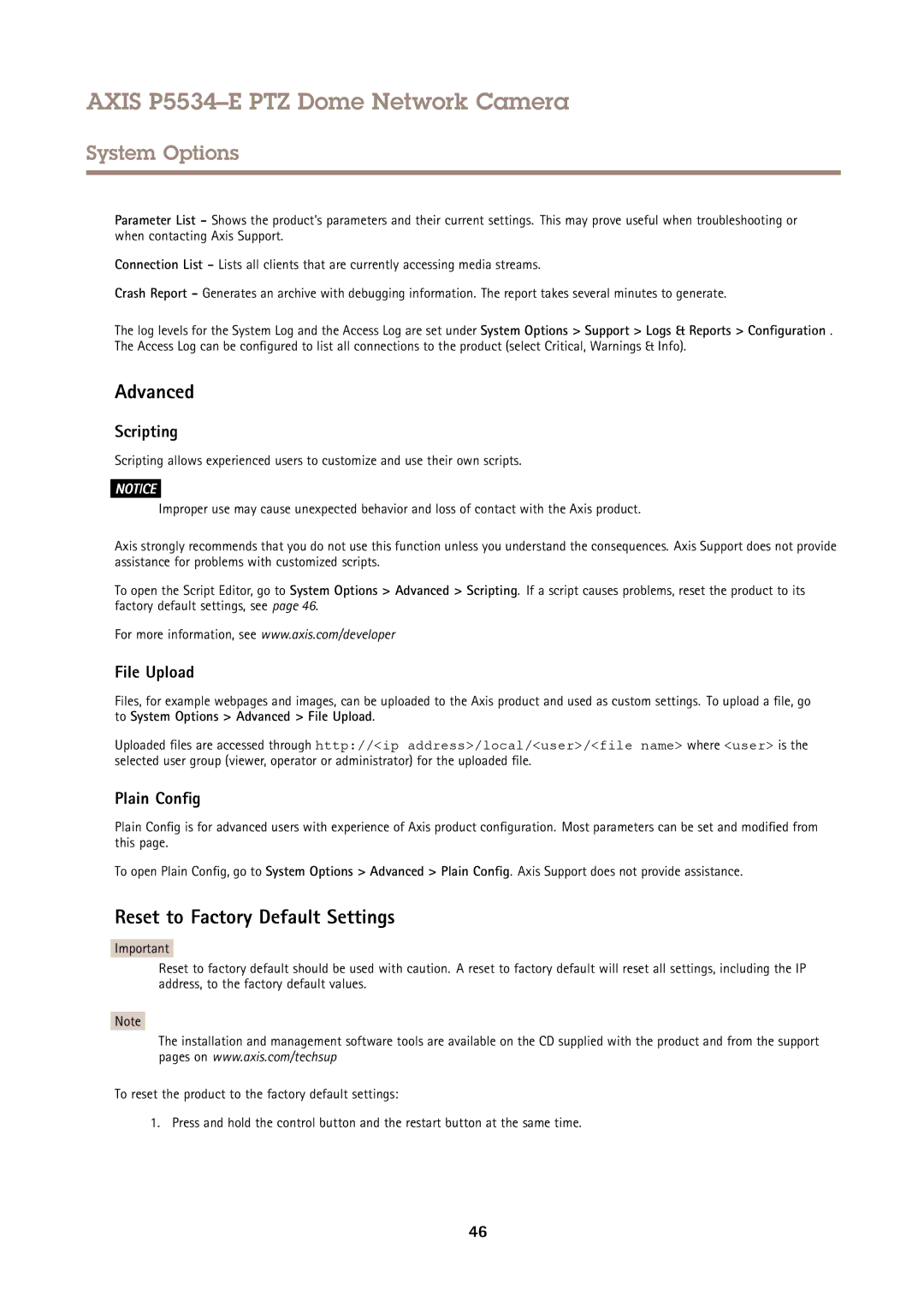 Axis Communications P5534E user manual Reset to Factory Default Settings, Scripting, File Upload, Plain Config 