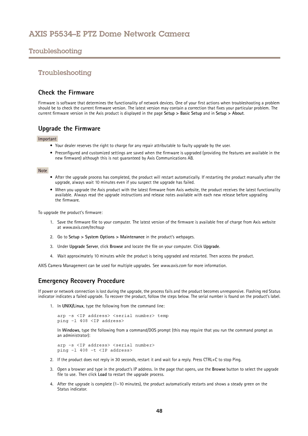 Axis Communications P5534E Troubleshooting, Check the Firmware, Upgrade the Firmware, Emergency Recovery Procedure 