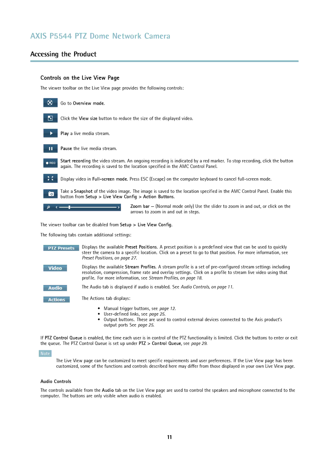 Axis Communications P5544 user manual Controls on the Live View, Go to Overview mode, Audio Controls 