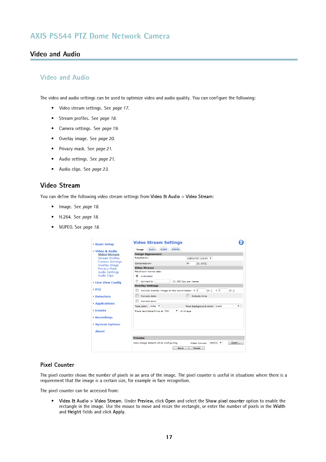 Axis Communications P5544 user manual Video and Audio, Video Stream, Pixel Counter 