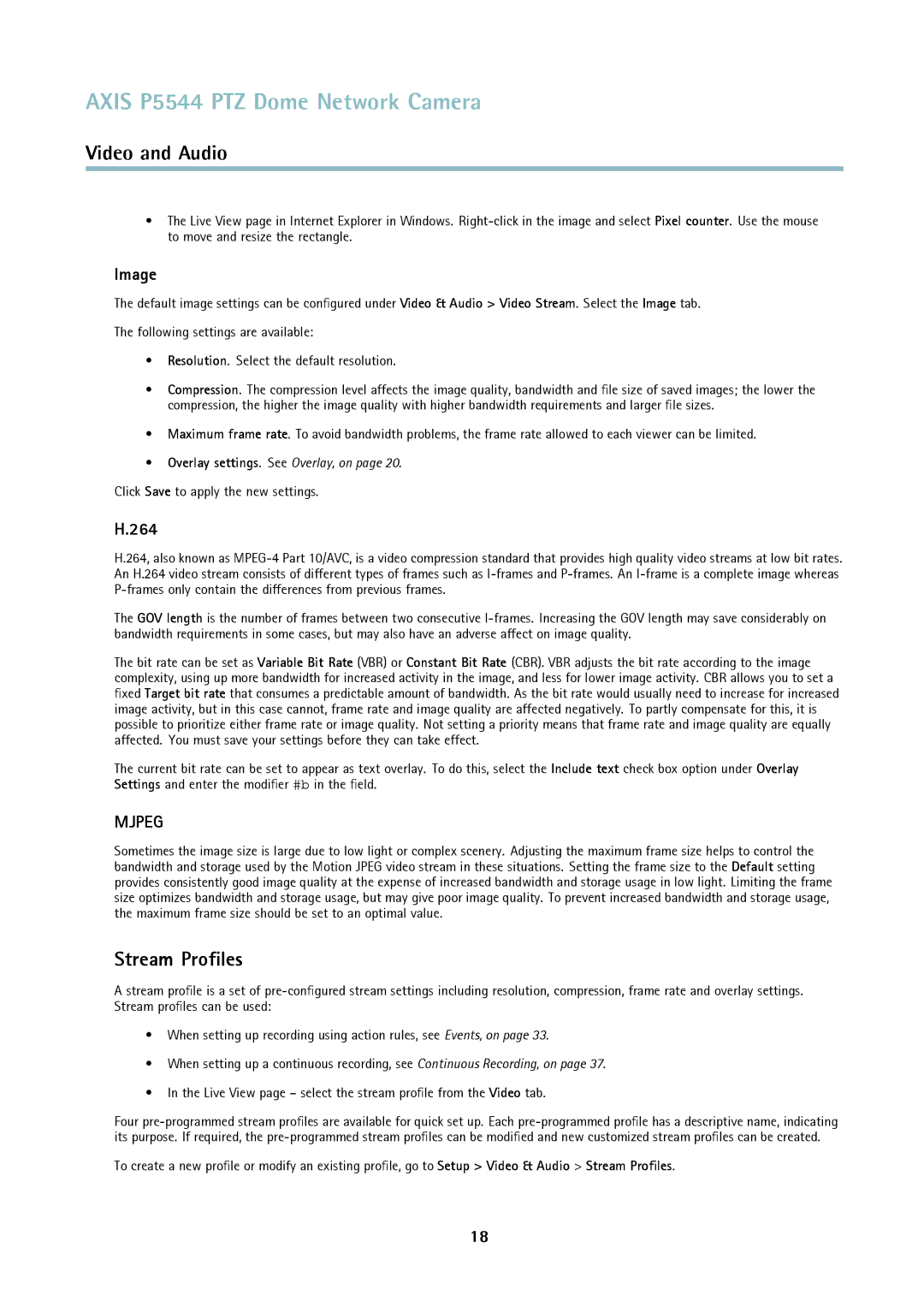 Axis Communications P5544 user manual Stream Proﬁles, Image, 264, Click Save to apply the new settings 