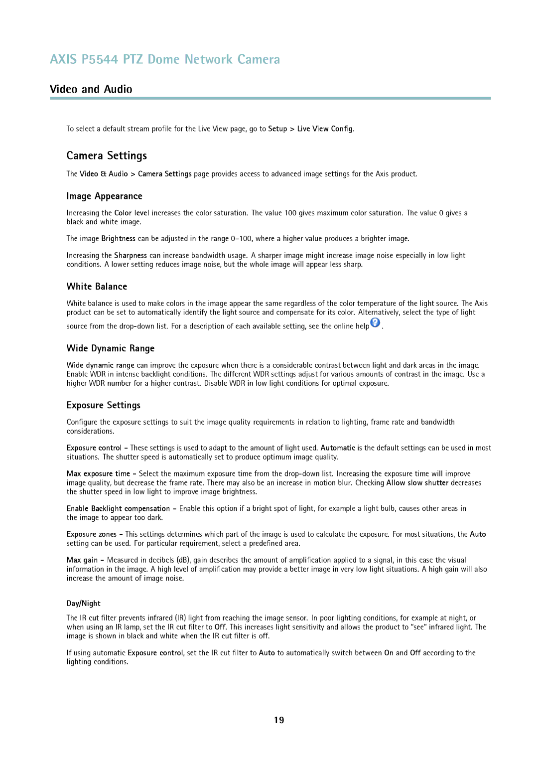 Axis Communications P5544 Camera Settings, Image Appearance, White Balance, Wide Dynamic Range, Exposure Settings 
