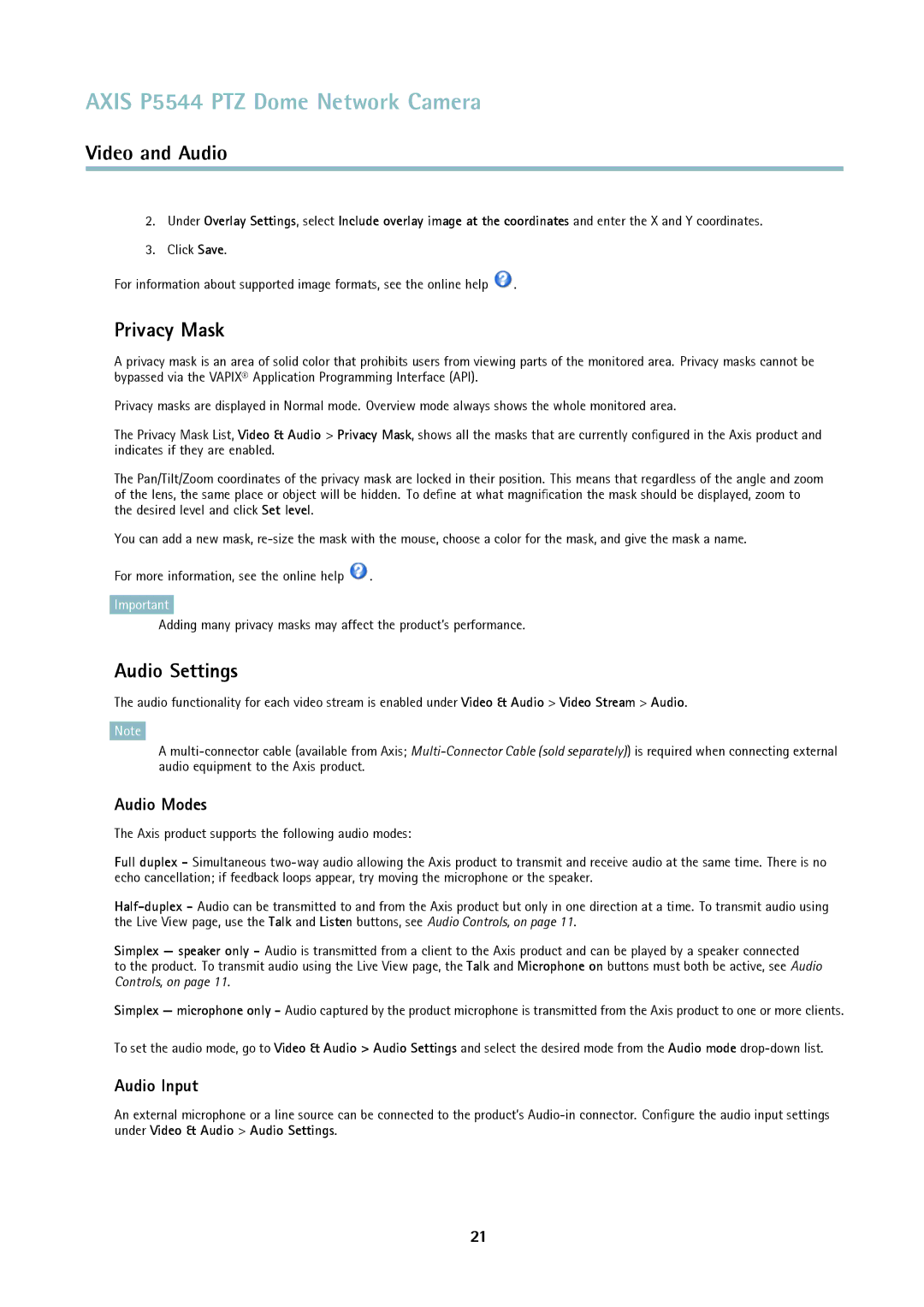 Axis Communications P5544 user manual Privacy Mask, Audio Settings, Audio Modes, Audio Input 