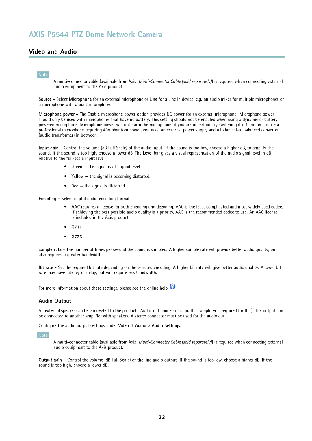 Axis Communications P5544 user manual Audio Output, G711 G726 