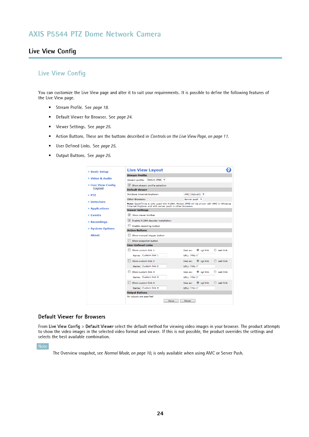 Axis Communications P5544 user manual Live View Conﬁg, Default Viewer for Browsers 