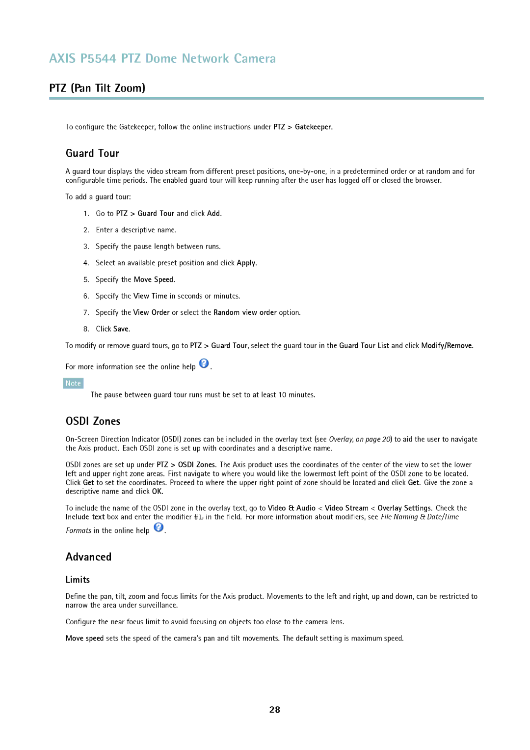 Axis Communications P5544 user manual Osdi Zones, Advanced, Limits, Go to PTZ Guard Tour and click Add 